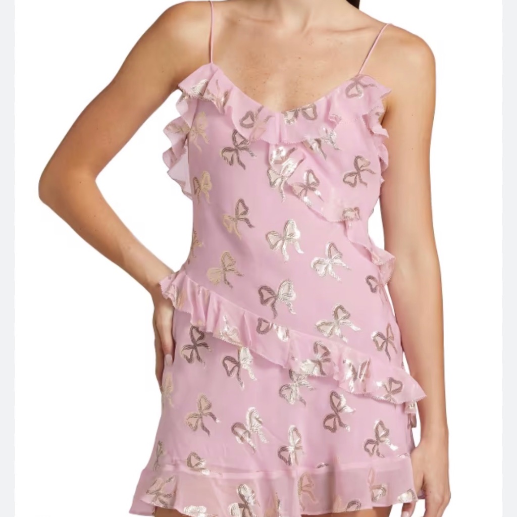 Loveshackfancy Lomina Silk Metallic Bow Pink Ruffle Mini Dress Nwt